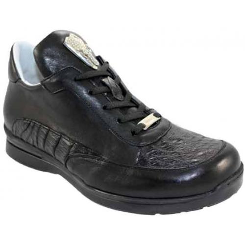 Fennix "3235" Black Genuine Hornback Alligator / Calfskin Sneakers With Silver Alligator Hardware